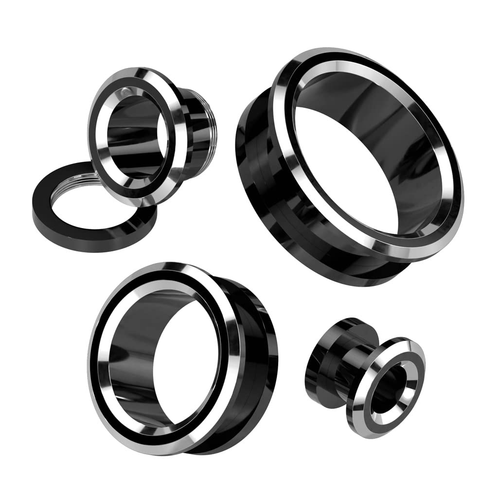Ohrtunnel Schwarz Silber Rand Chirurgenstahl Ohrpiercing Ohrschmuck Plug Screw Fit Schraubverschluss 8-25mm