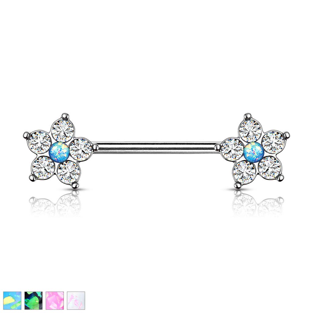 Brustwarzenpiercing Glitzer-Opal Blume 5 Zirkonia Brustpiercing Nippelpiercing Chirurgenstahl viele Farben Stab 1,6/14mm