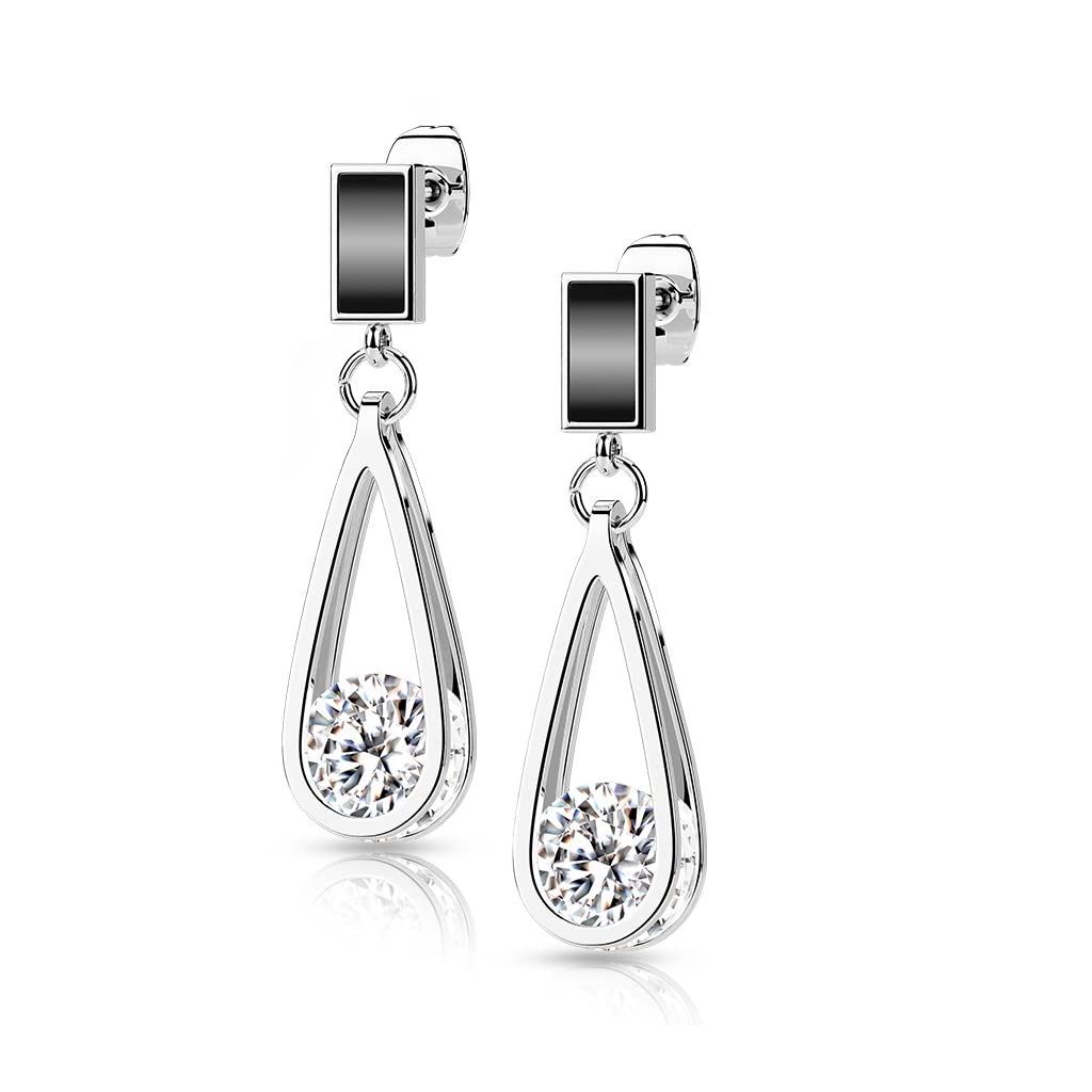 1 Paar Damen Ohrstecker schwarzer Enamel Tropfen-Anhänger Zirkonia Clear Chirurgenstahl Ohrringe Ohrhänger Silber Gold
