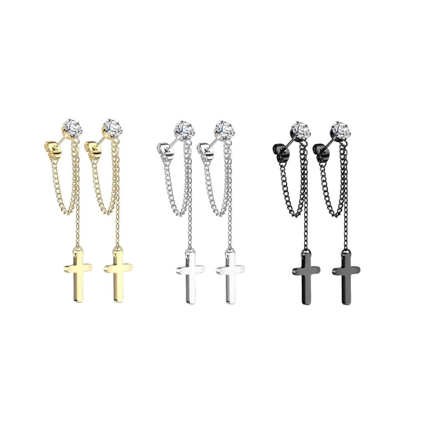 1 Paar Damen Ohrstecker Zirkonia Clear Ketten-Kreuz Anhänger Chirurgenstahl Ohrringe Ohrhänger Silber Gold Schwarz