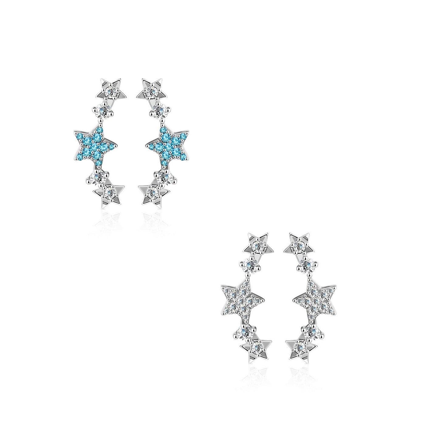 1 Paar Ohrklemmen funkelnde STERNE 21 x 3mm Set Damen Ohrringe Ohrclip Ohrstecker Chirurgenstahl Silber Clear Aqua