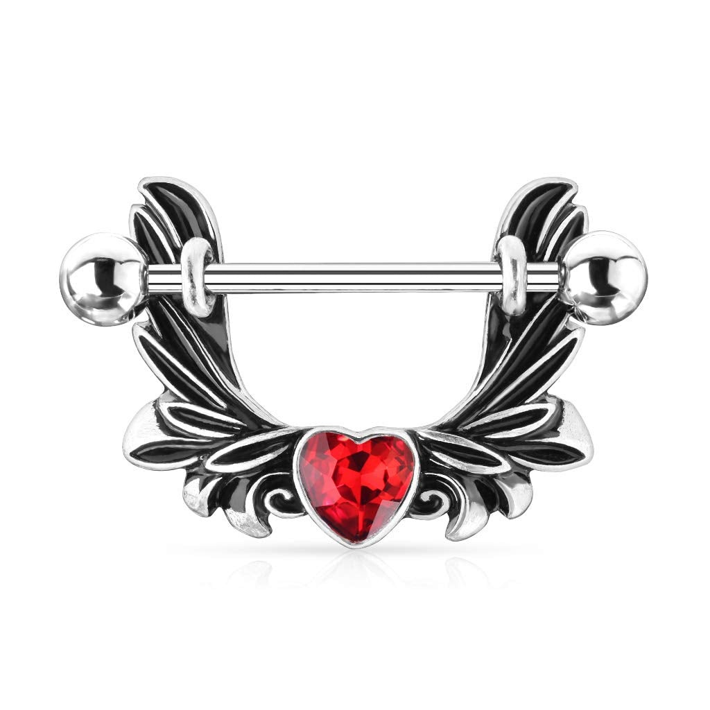 Brustwarzenpiercing Engels-flügel Kristall-Herz Silber Brustpiercing Nippelpiercing Intimpiercing Chirurgenstahl Stab 13mm