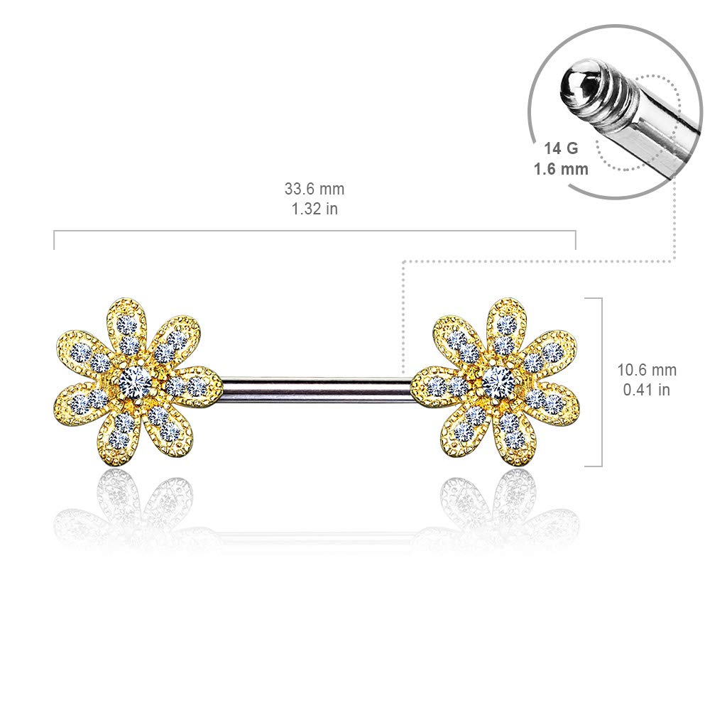 Brustwarzenpiercing Blumen Silber Gold Roségold Clear Brustpiercing Nippelpiercing Intimpiercing Chirurgenstahl Stab 14mm