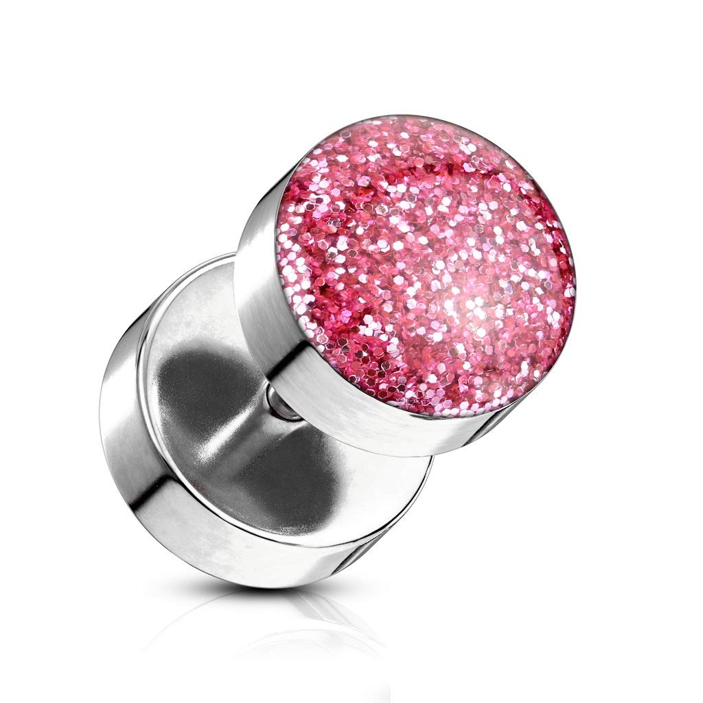 Fake Ohrplug Glitzer-Stein Ohrpiercing Ohrschmuck Chirurgenstahl Schraubverschluss Silber viele Farben 8mm