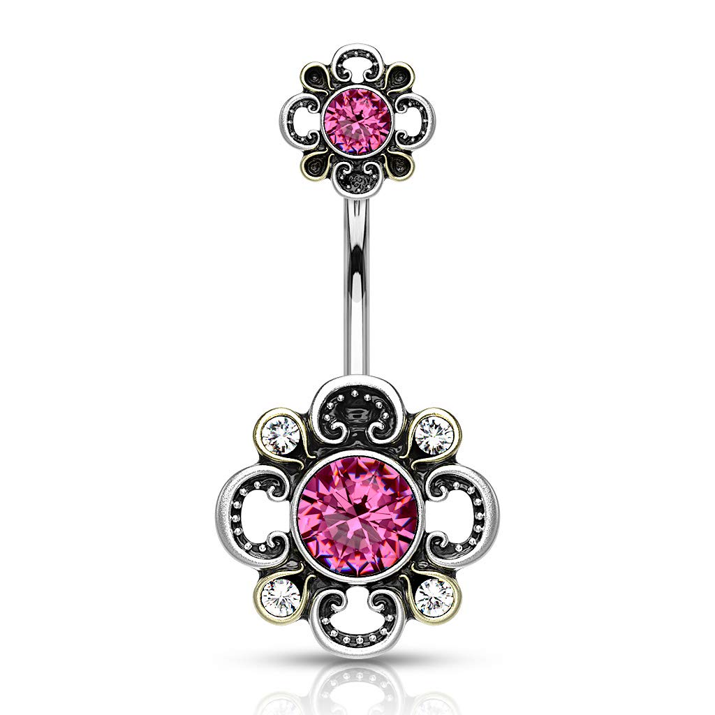 Bauchnabelpiercing Filigrane Blume 6 Zirkonia Nabelpiercing Chirurgenstahl Bananabell viele Farben Stab 1,6/10mm