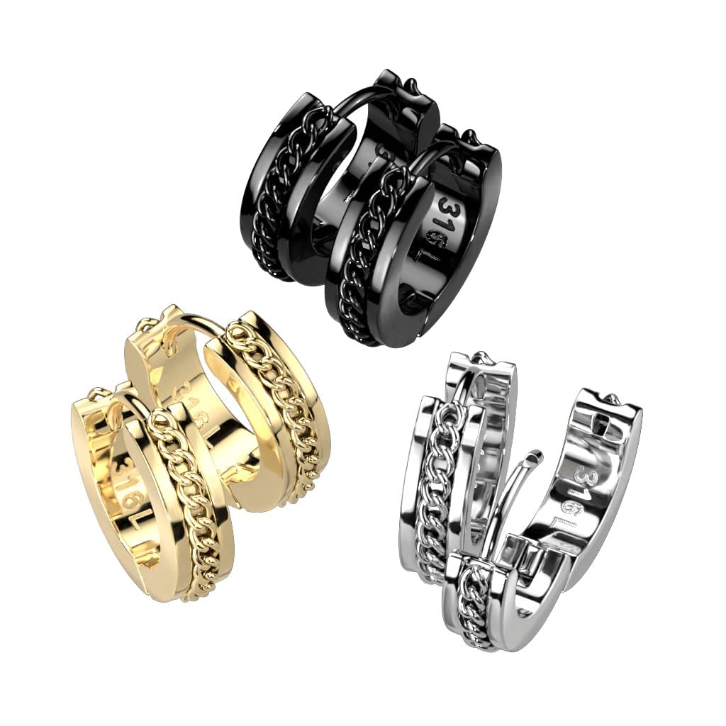 1 Paar Damen Creolen Ketten-Detail 4-mm Breite Chirurgenstahl Ohrringe Ohrstecker Gold Schwarz Silber