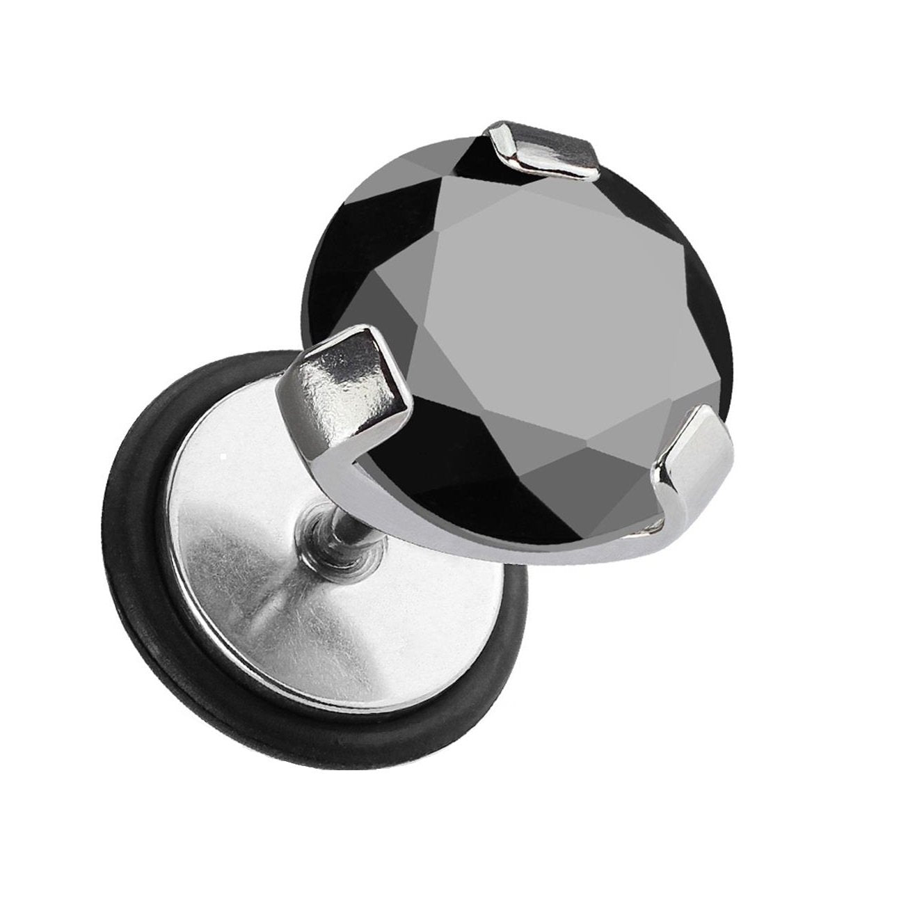 Fake Ohrplug GROSSER KRISTALL Ohrpiercing Ohrschmuck Chirurgenstahl Schraubverschluss Schwarz Silber 6-9mm