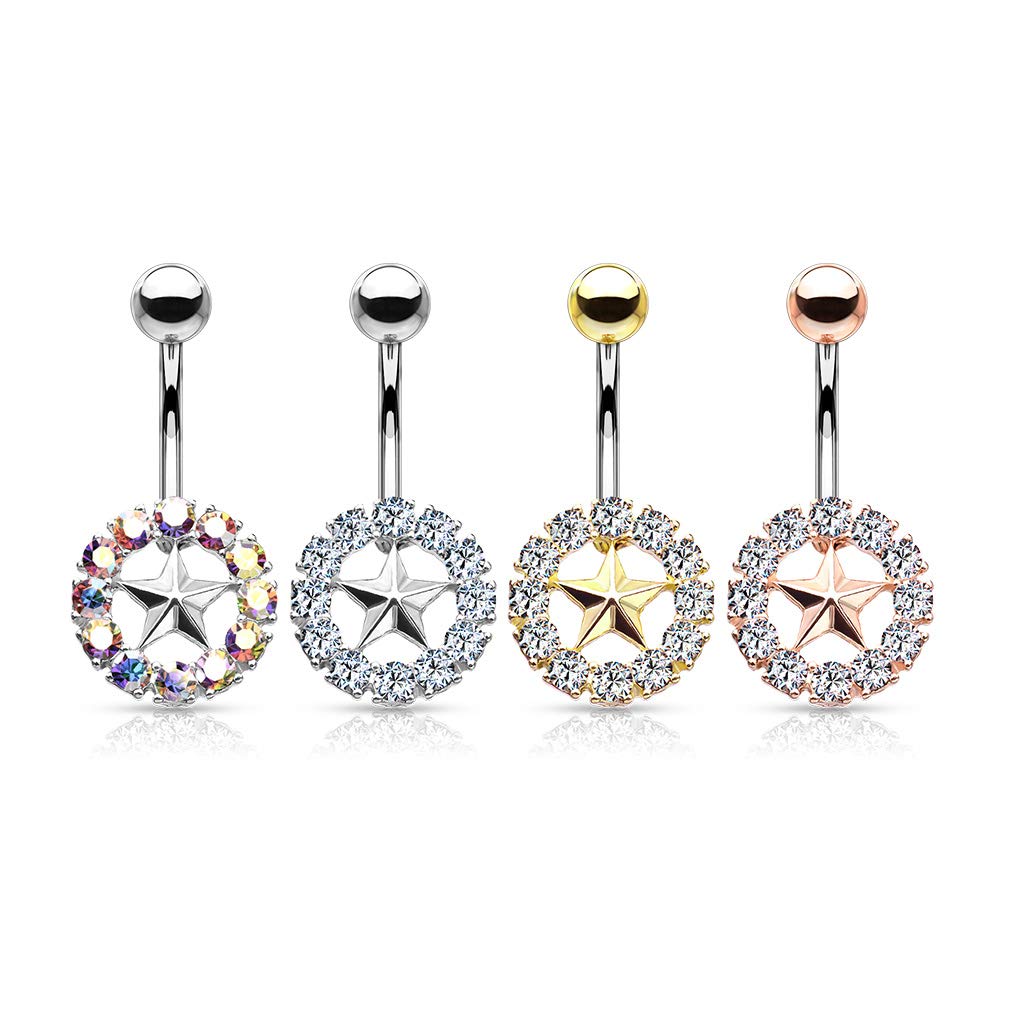 Bauchnabelpiercing Stern Kristall-Umrandung Nabelpiercing Chirurgenstahl Bananabell Silber Gold Roségold Stab 1,6/10mm