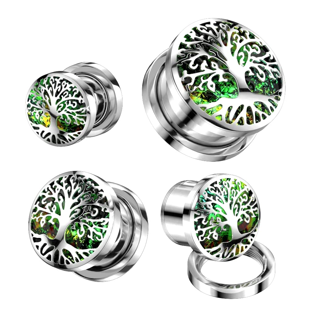 Ohrtunnel Silber Lebens-baum Opal-Glitzer Grün Chirurgenstahl Ohrpiercing Ohrschmuck Plug Screw Fit Schraubverschluss 8-16mm