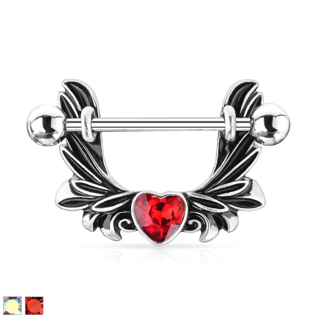 Brustwarzenpiercing Engels-flügel Kristall-Herz Silber Brustpiercing Nippelpiercing Intimpiercing Chirurgenstahl Stab 13mm