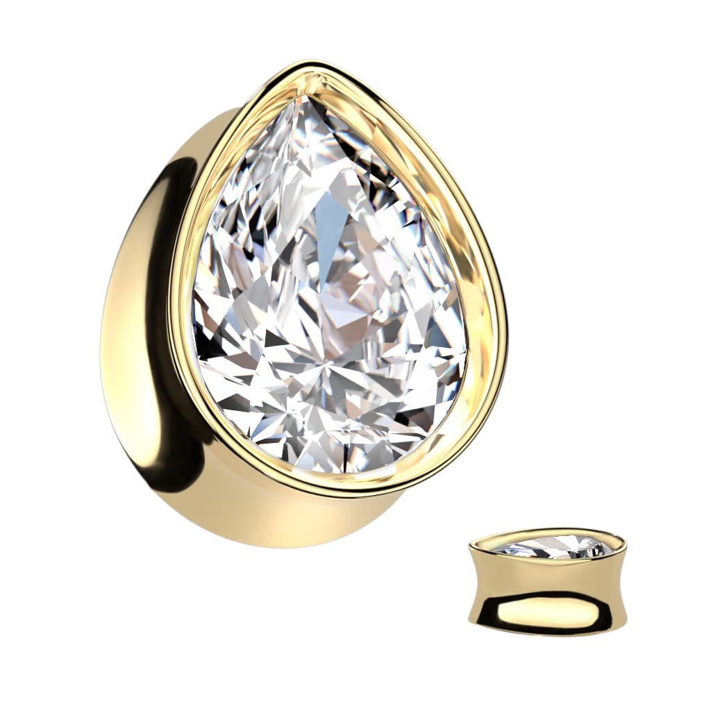 Ohrtunnel Silber Gold Tränen-tropfen Zirkonia Clear Chirurgenstahl Ohrpiercing Ohrschmuck Plug Sattelverschluss 8-16mm
