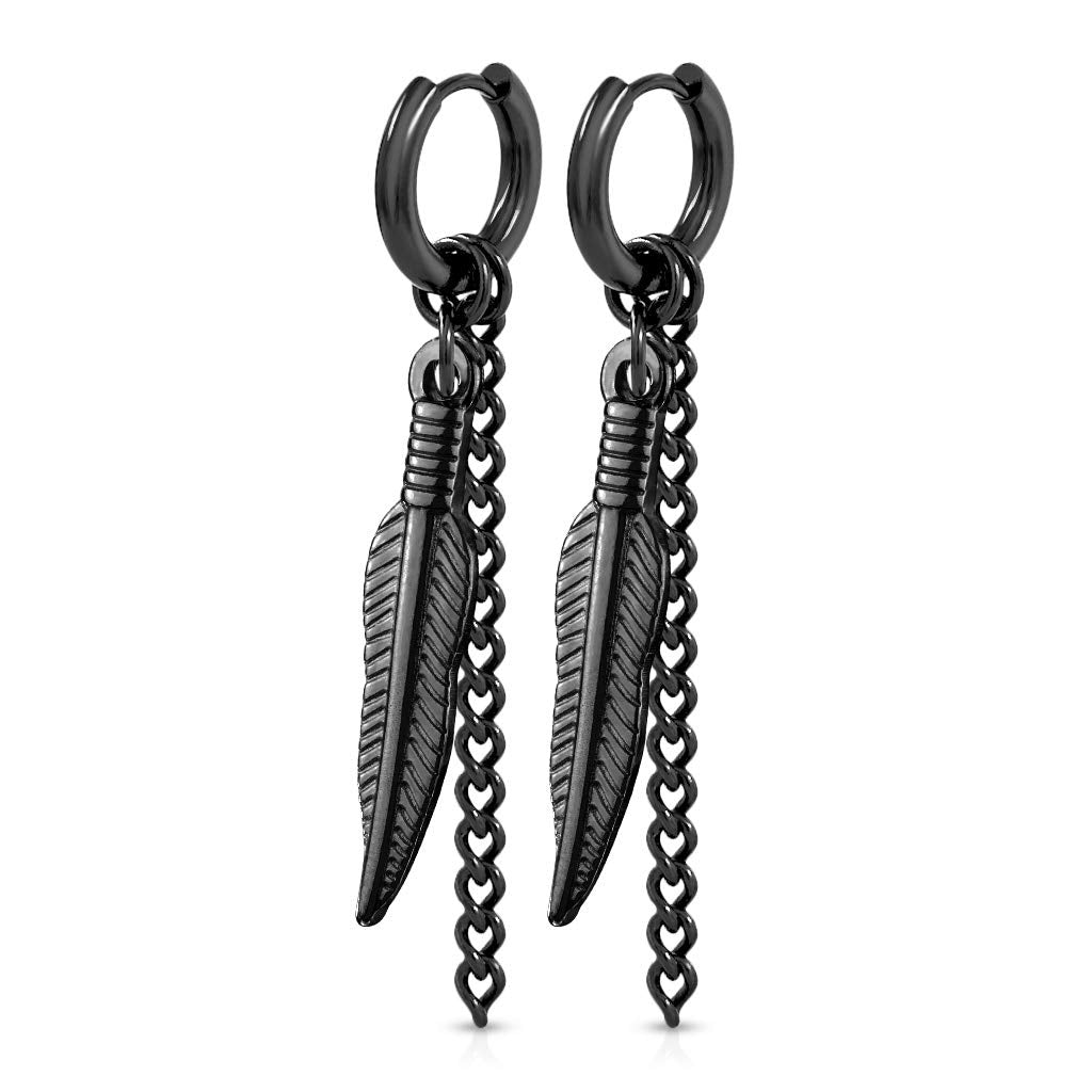 1 Paar Damen Ohrringe CREOLE Feder-Ketten Anhänger 2mm breit Ohrstecker Chirurgenstahl Gold Schwarz Silber 8mm