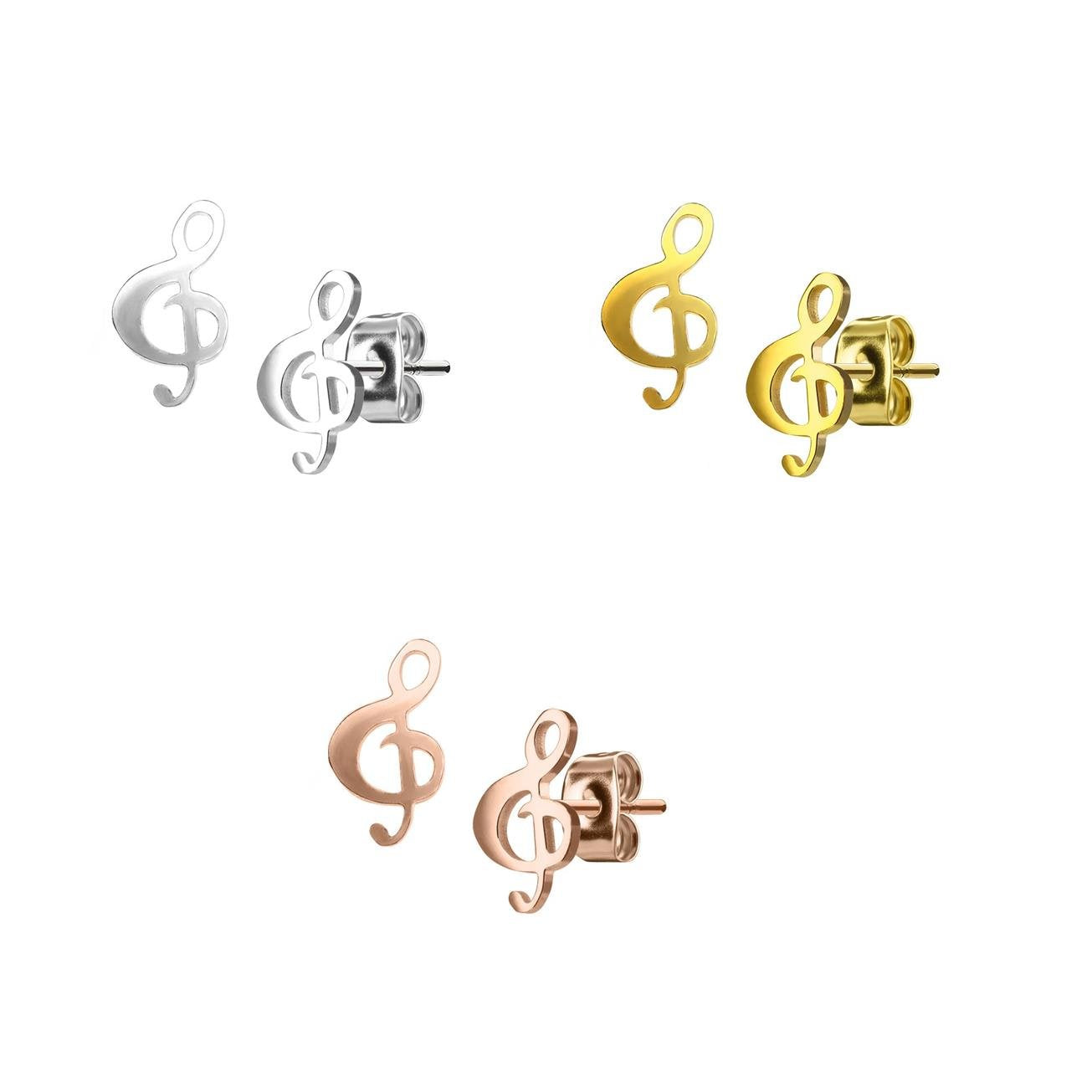 1 Paar funkelnde Ohrringe GROSSER NOTENSCHLÜSSEL 6,5x12 mm Ohrringe Ohrstecker Chirurgenstahl Set Silber Roségold Gold