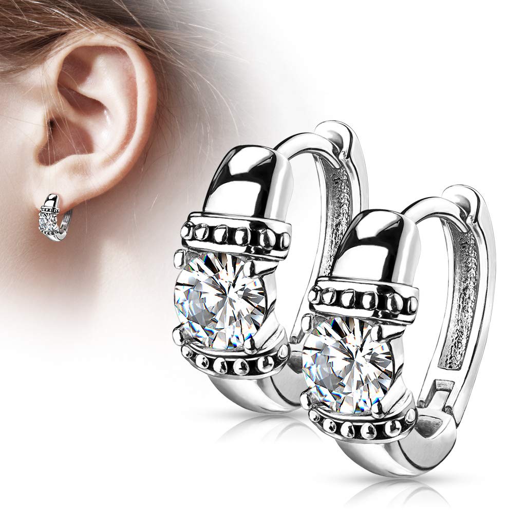 1 Paar Damen Creolen Antik-Silber Zirkonia Clear Ohrstecker Ohrringe Ohring Chirurgenstahl Klapp-Verschluss