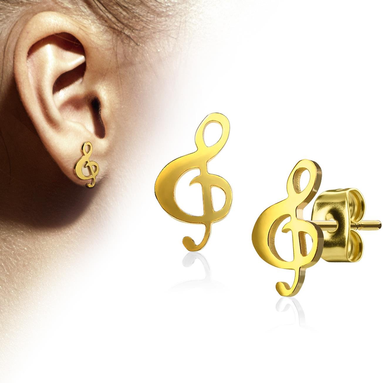 1 Paar funkelnde Ohrringe GROSSER NOTENSCHLÜSSEL 6,5x12 mm Ohrringe Ohrstecker Chirurgenstahl Set Silber Roségold Gold