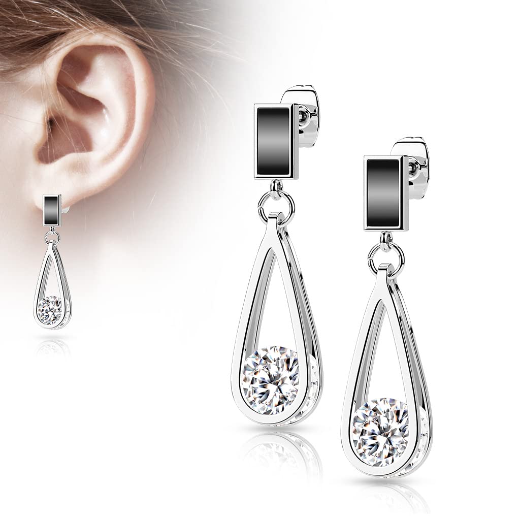 1 Paar Damen Ohrstecker schwarzer Enamel Tropfen-Anhänger Zirkonia Clear Chirurgenstahl Ohrringe Ohrhänger Silber Gold