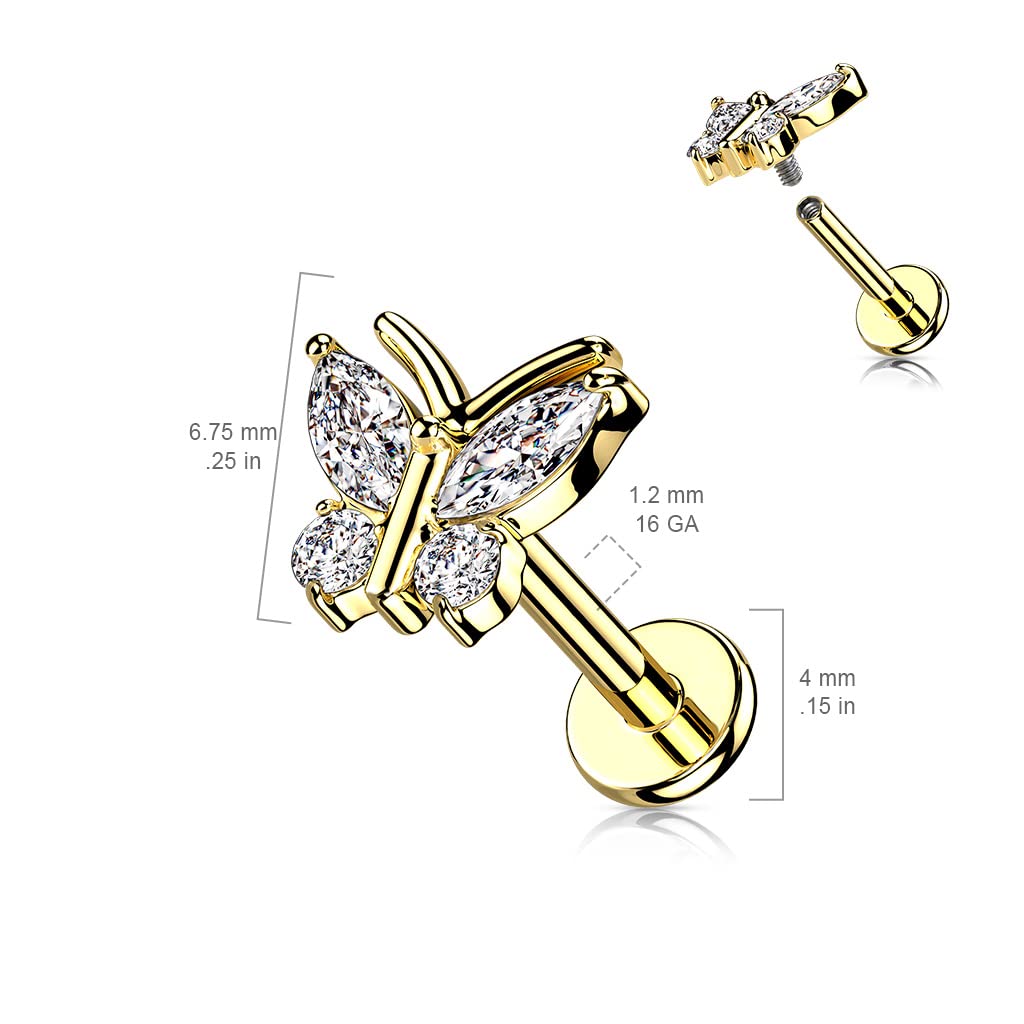 Knorpel Ohrstecker Schmetterling Silber Gold Roségold 4 Zirkonia Clear Piercings Chirurgenstahl Schraubverschluss Stab 6/8mm lang