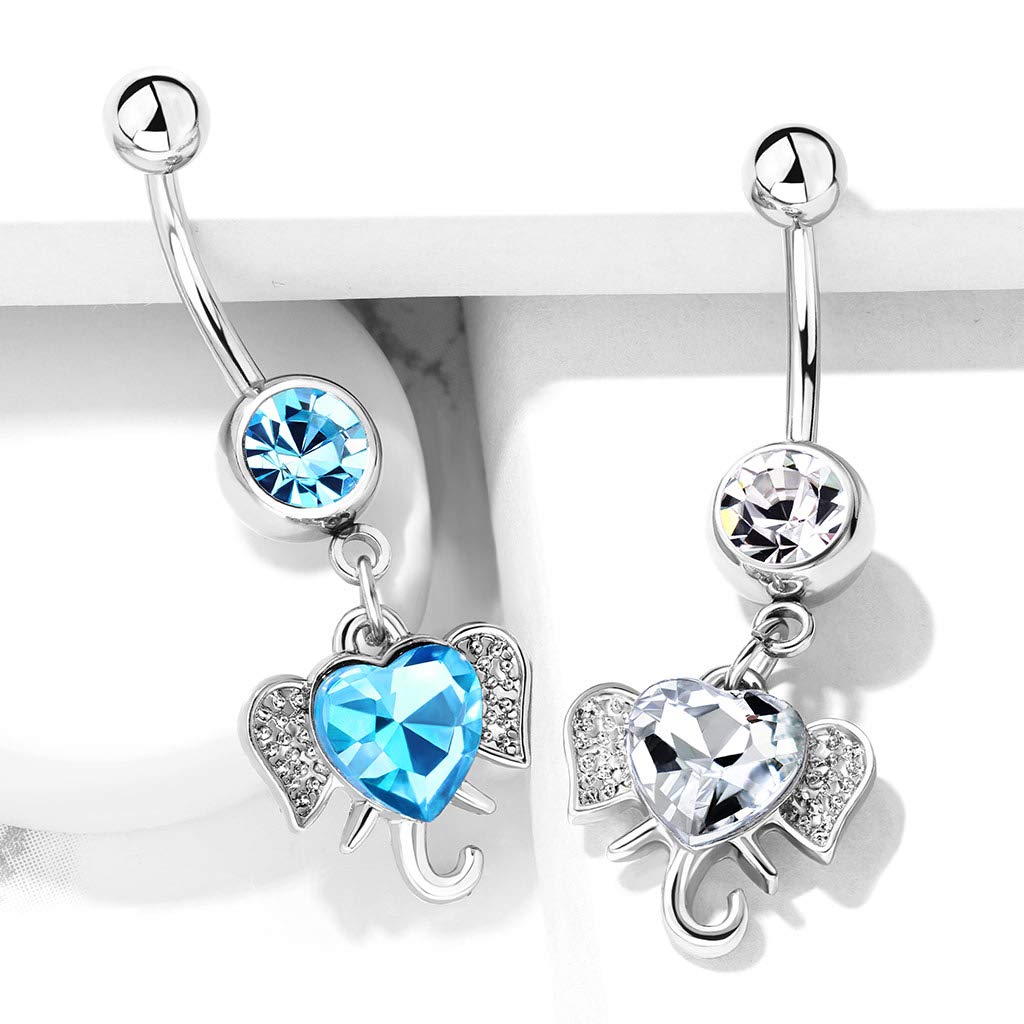 Bauchnabelpiercing Zirkonia Herz Elefant Anhänger Nabelpiercing Chirurgenstahl Bananabell Silber Clear Aqua Stab 1,6/10mm