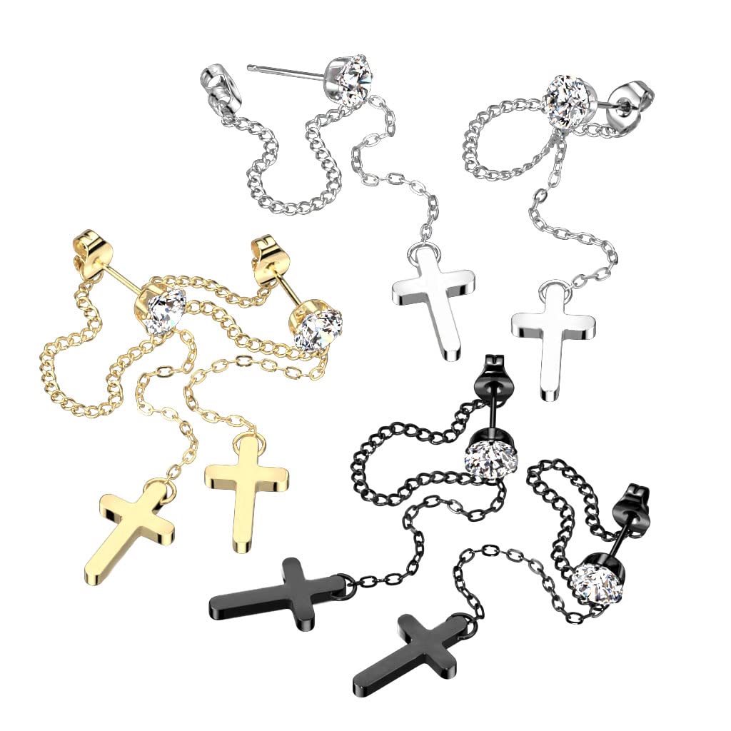 1 Paar Damen Ohrstecker Zirkonia Clear Ketten-Kreuz Anhänger Chirurgenstahl Ohrringe Ohrhänger Silber Gold Schwarz