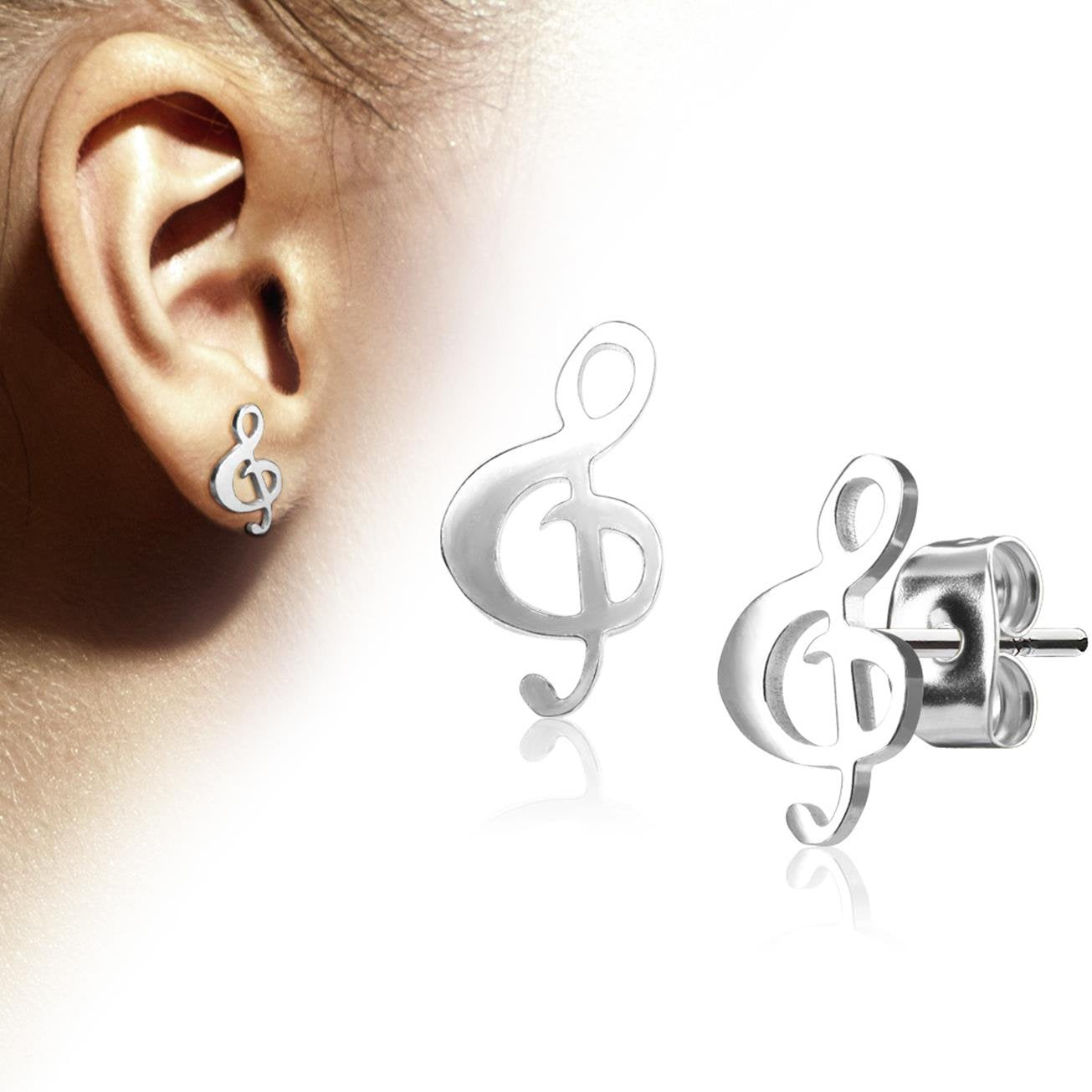 1 Paar funkelnde Ohrringe GROSSER NOTENSCHLÜSSEL 6,5x12 mm Ohrringe Ohrstecker Chirurgenstahl Set Silber Roségold Gold