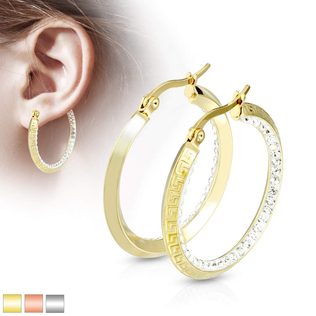 1 Paar Damen Ohrringe CREOLE Zirkonia-Rand innen Muster Ohrstecker Chirurgenstahl Gold Roségold Silber Clear 30mm