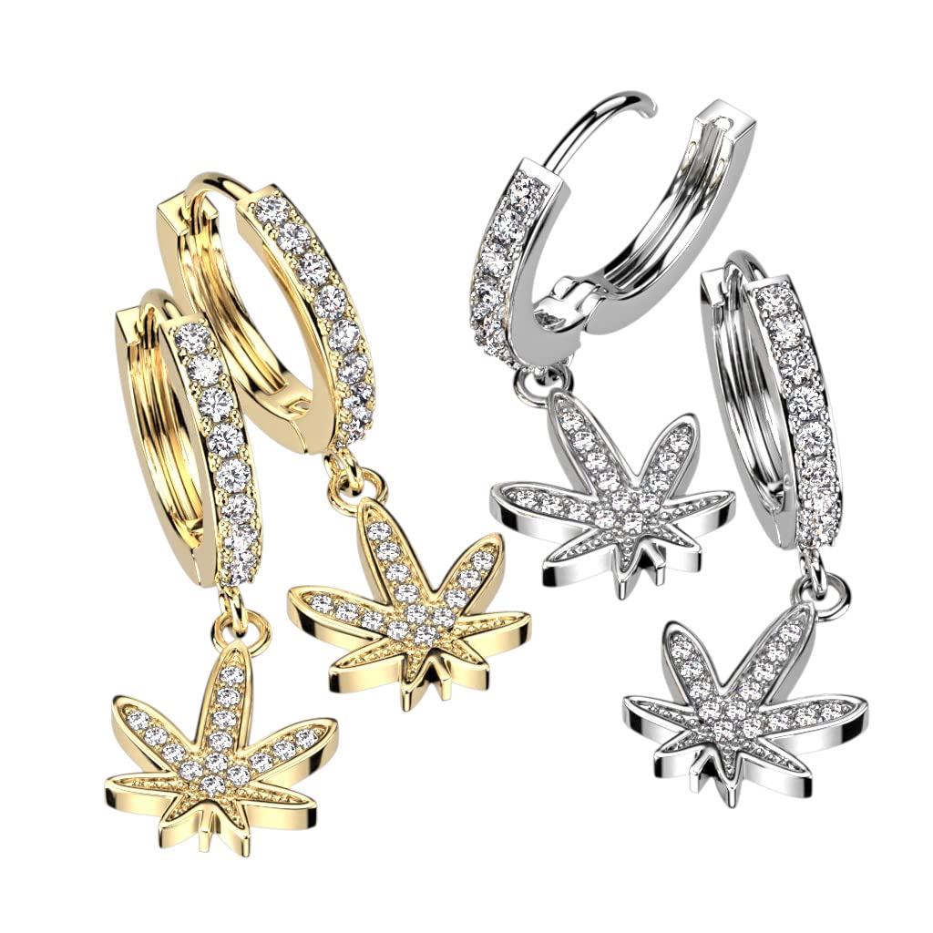 1 Paar Damen Creolen Ohrhänger Anhänger Hanf-Blatt Pavé Zirkonia Clear Ohrringe Ohrstecker Silber Gold