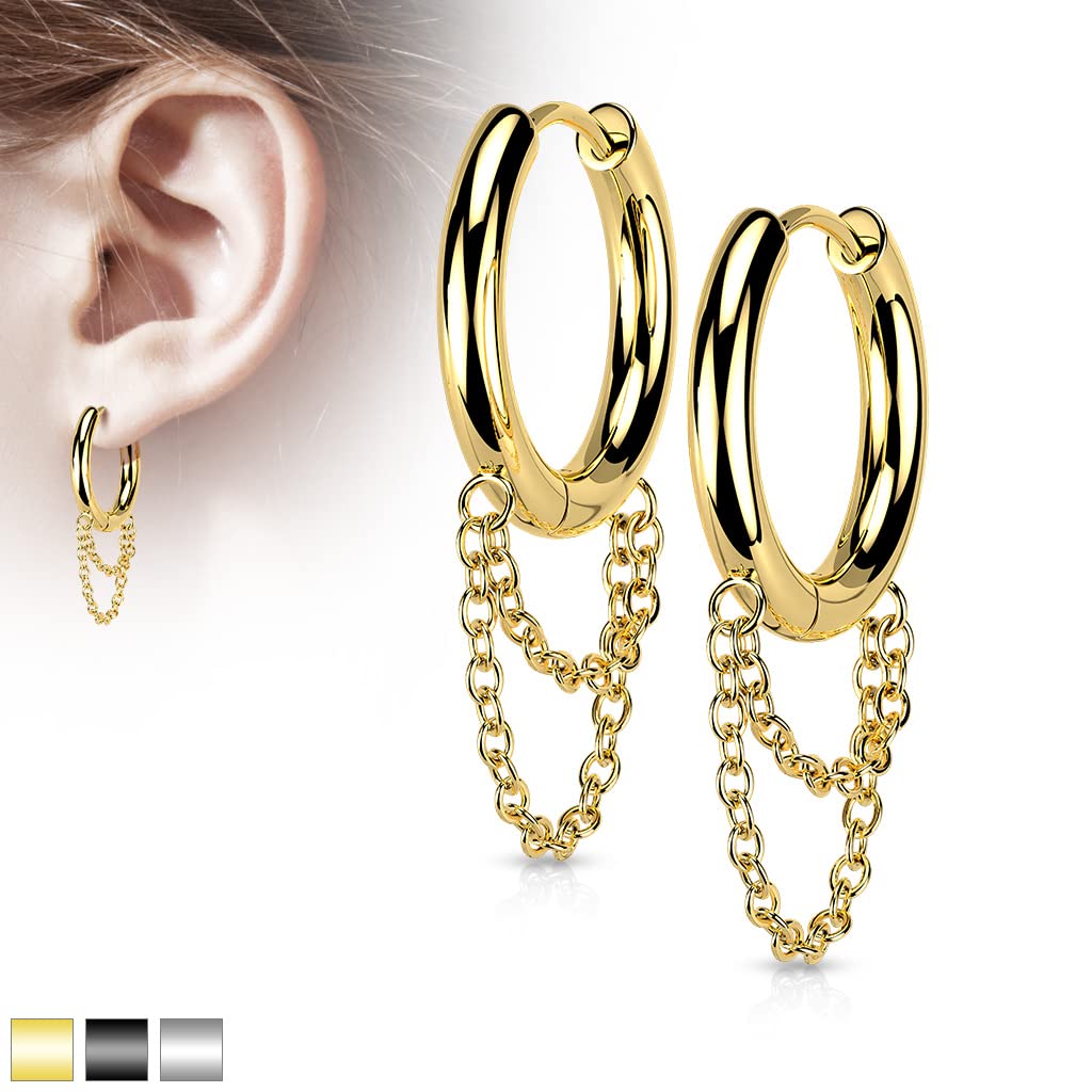1 Paar Damen Creole Doppel-Kette Anhänger Ohrringe Silber Gold Schwarz