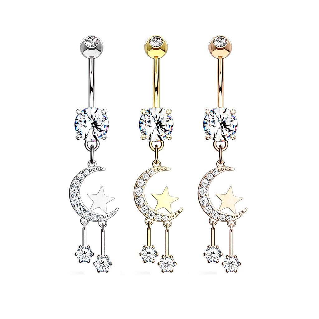 Bauchnabelpiercing Zirkonia Halb-Mond Sterne Anhänger Nabelpiercing Chirurgenstahl Bananabell Silber Gold Roségold Clear Stab 1,6/10mm