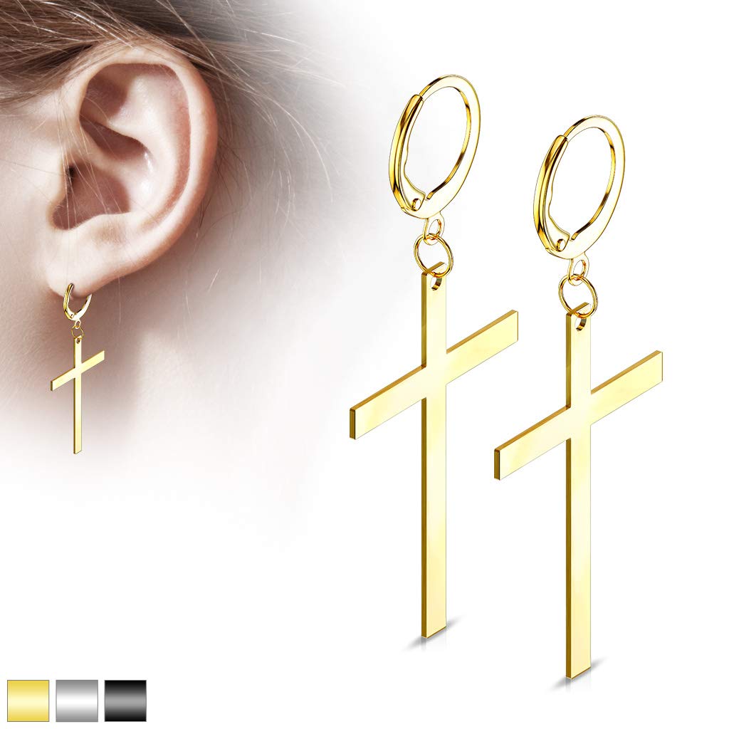 1 Paar Damen Creole großes Kreuz Anhänger Ohrringe Ohring Chirurgenstahl Klappverschluss Silber Gold Schwarz