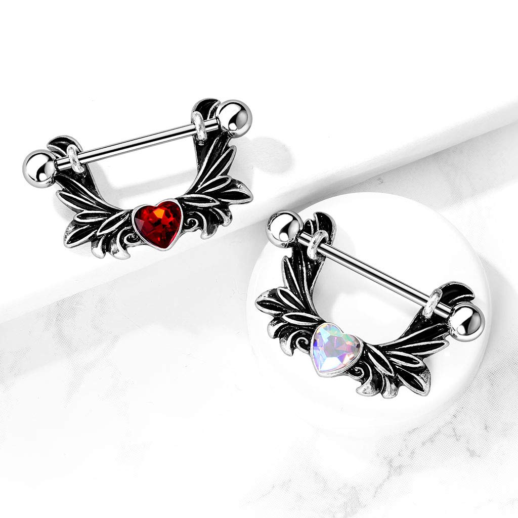 Brustwarzenpiercing Engels-flügel Kristall-Herz Silber Brustpiercing Nippelpiercing Intimpiercing Chirurgenstahl Stab 13mm