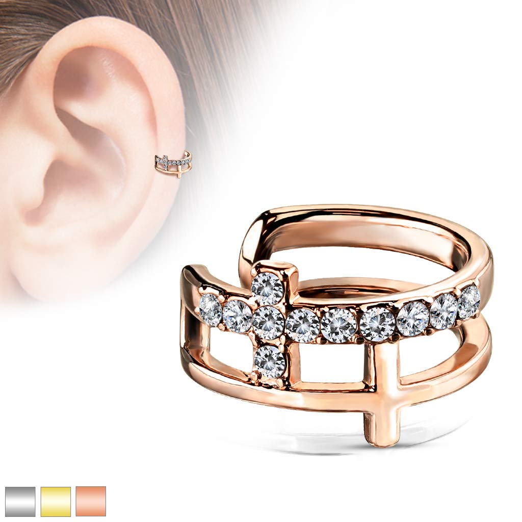 Ohrklemme DOPPEL KREUZ PAVÉ ZIRKONIA clear Ohrringe Ohrclip Fake-Piercing Messing Silber Gold Roségold