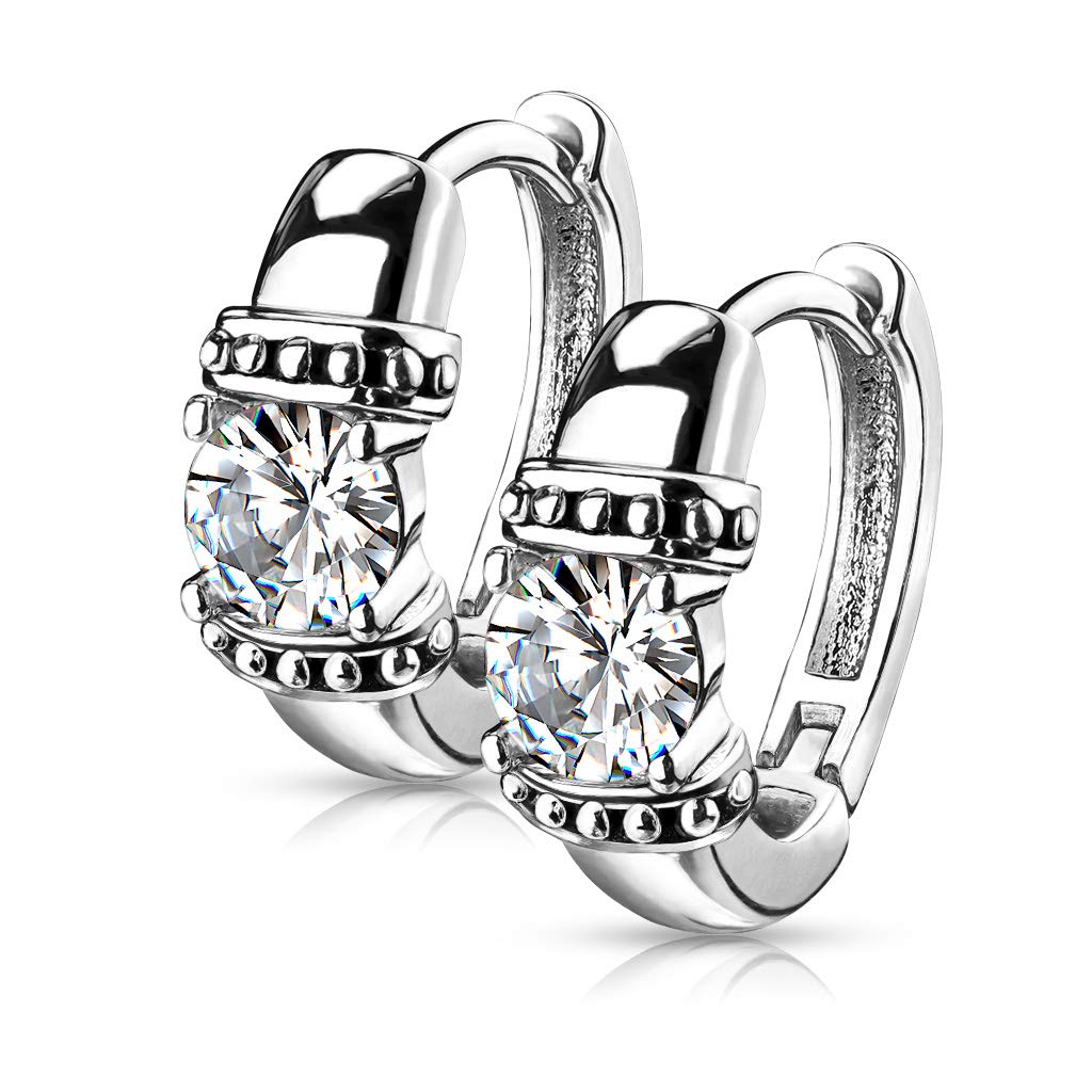 1 Paar Damen Creolen Antik-Silber Zirkonia Clear Ohrstecker Ohrringe Ohring Chirurgenstahl Klapp-Verschluss