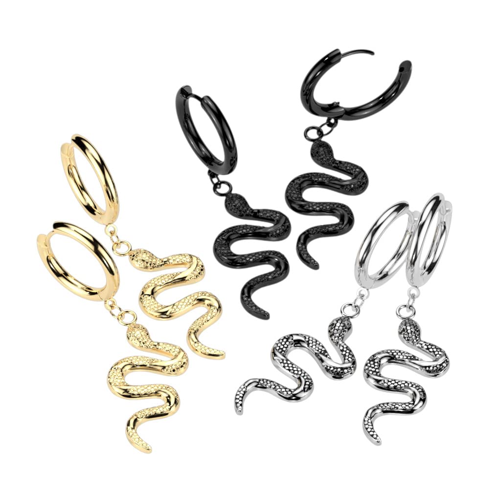 1 Paar Damen Creolen Ohrhänger Schlangen-Anhänger Ohrringe Ohrstecker Silber Gold Schwarz