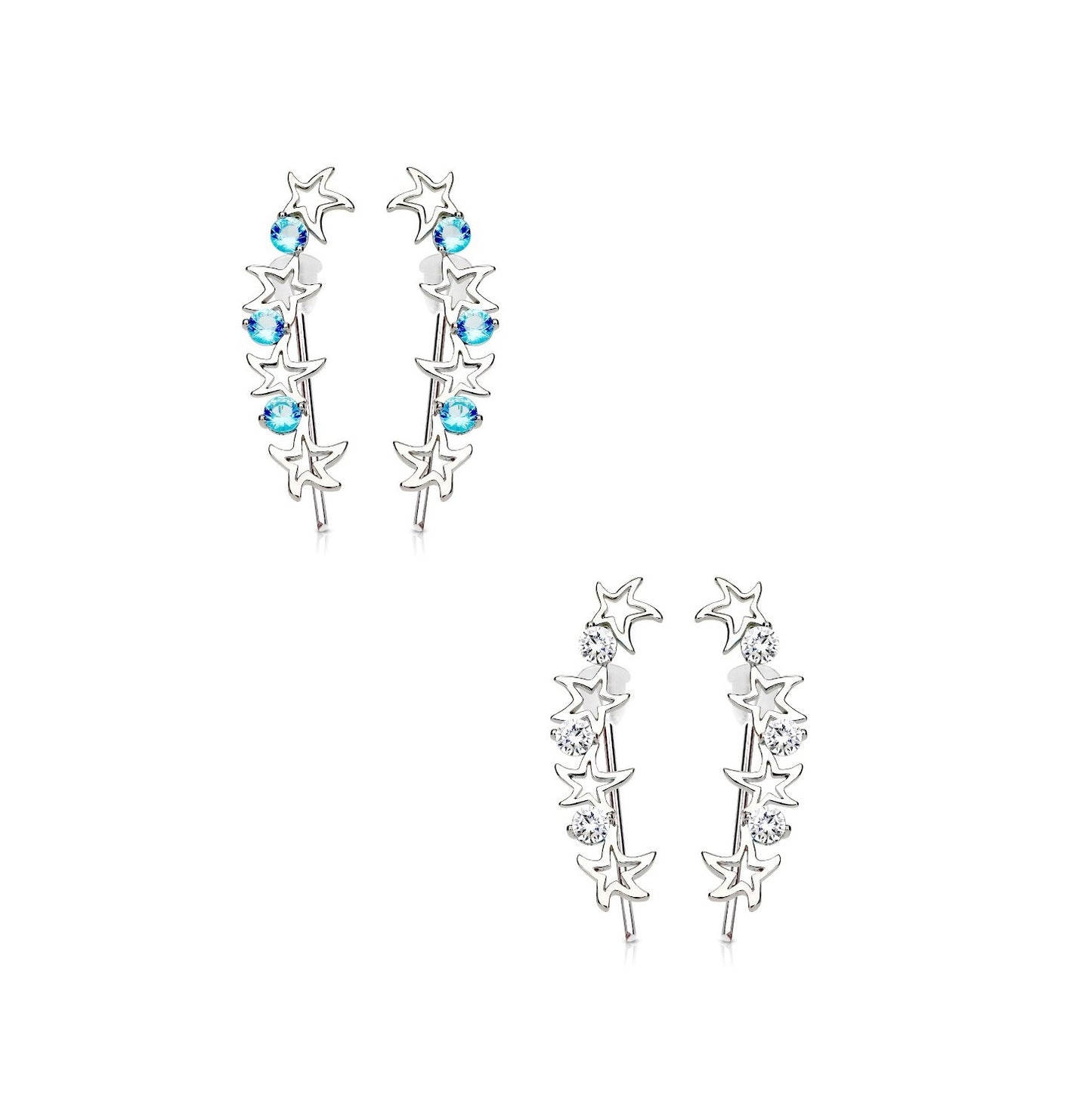 1 Paar Ohrklemmen STERNEN-KETTE 21 x 3mm Set Ohrringe Ohrclip Ohrstecker Chirurgenstahl Zirkonia Silber Clear Aqua