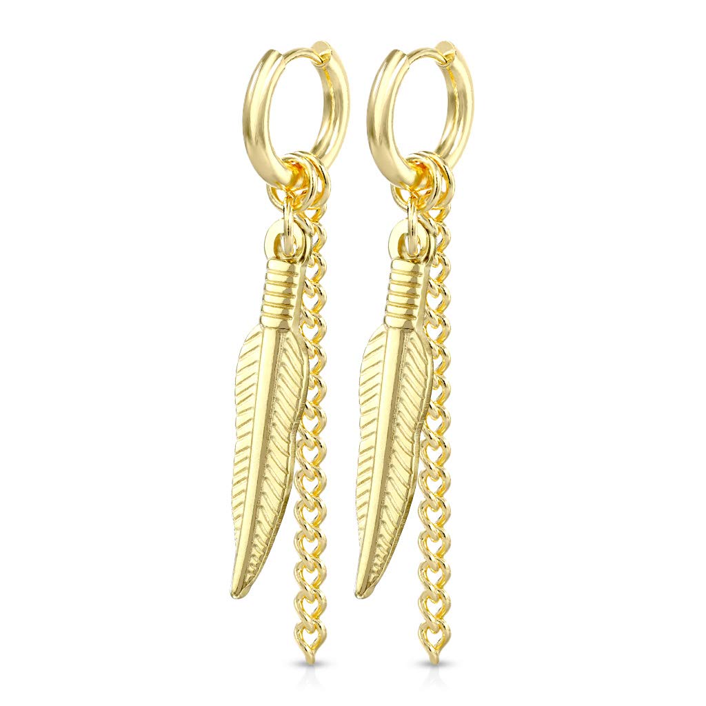 1 Paar Damen Ohrringe CREOLE Feder-Ketten Anhänger 2mm breit Ohrstecker Chirurgenstahl Gold Schwarz Silber 8mm