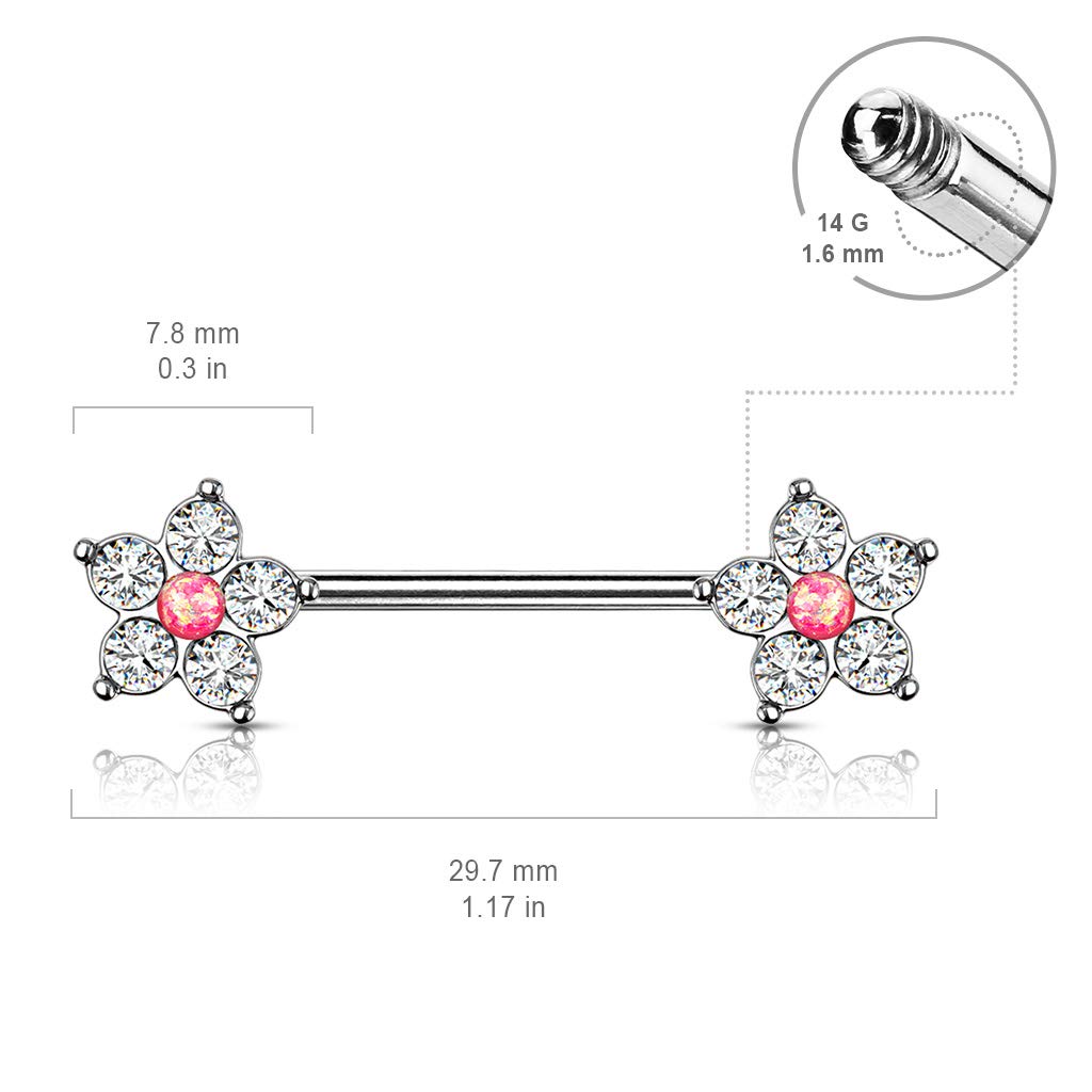 Brustwarzenpiercing Glitzer-Opal Blume 5 Zirkonia Brustpiercing Nippelpiercing Chirurgenstahl viele Farben Stab 1,6/14mm