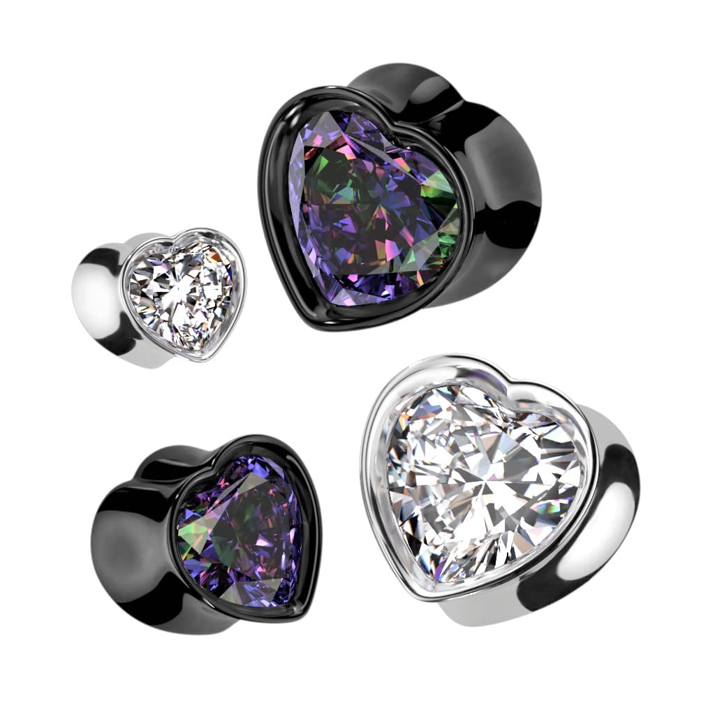 Ohrtunnel Silber Schwarz Herz Zirkonia Clear Bunt Chirurgenstahl Ohrpiercing Ohrschmuck Plug Sattelverschluss 8-16mm