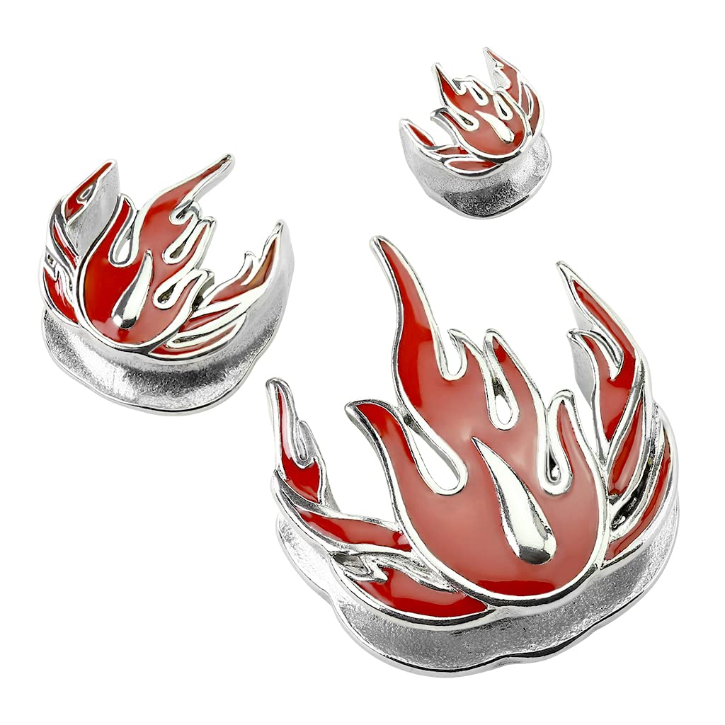 Ohrplug Silber Rote Flammen Chirurgenstahl Ohrpiercing Ohrschmuck Tunnel Sattelverschluss 10-25mm