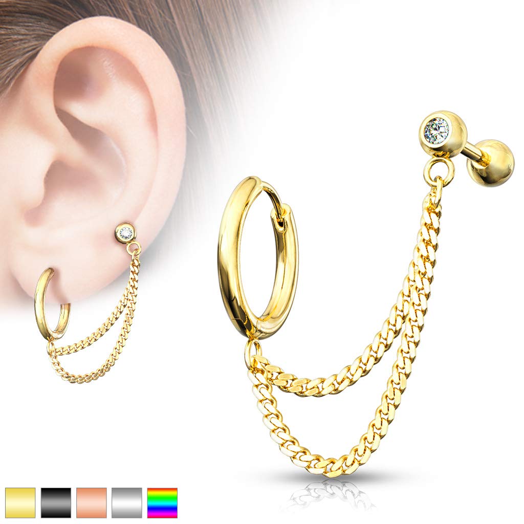 1 Knorpel Ohrstecker Zirkonia Klick-Creole Doppel-Kette Cartilage Labret Piercings Tragus viele Farben Edelstahl Schraubverschluss
