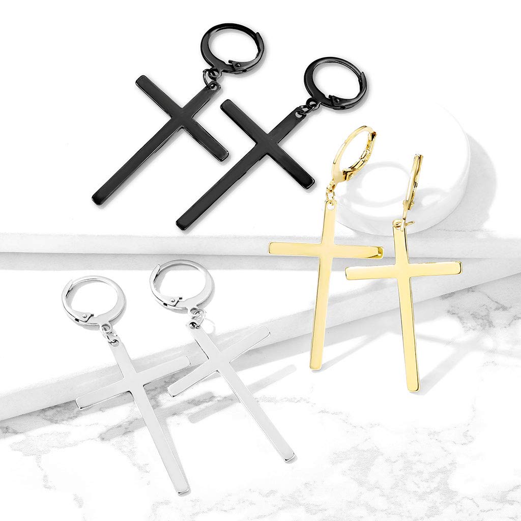 1 Paar Damen Creole großes Kreuz Anhänger Ohrringe Ohring Chirurgenstahl Klappverschluss Silber Gold Schwarz