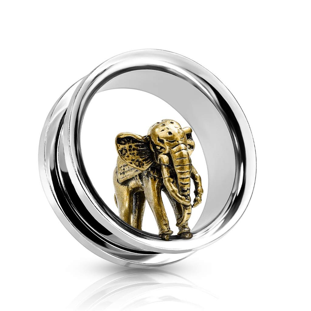 Ohrtunnel Goldener Elefant Silber 10-25mm Ohrpiercing Edelstahl Ohrschmuck Screw Fit Flesh Plug Schraubverschluss