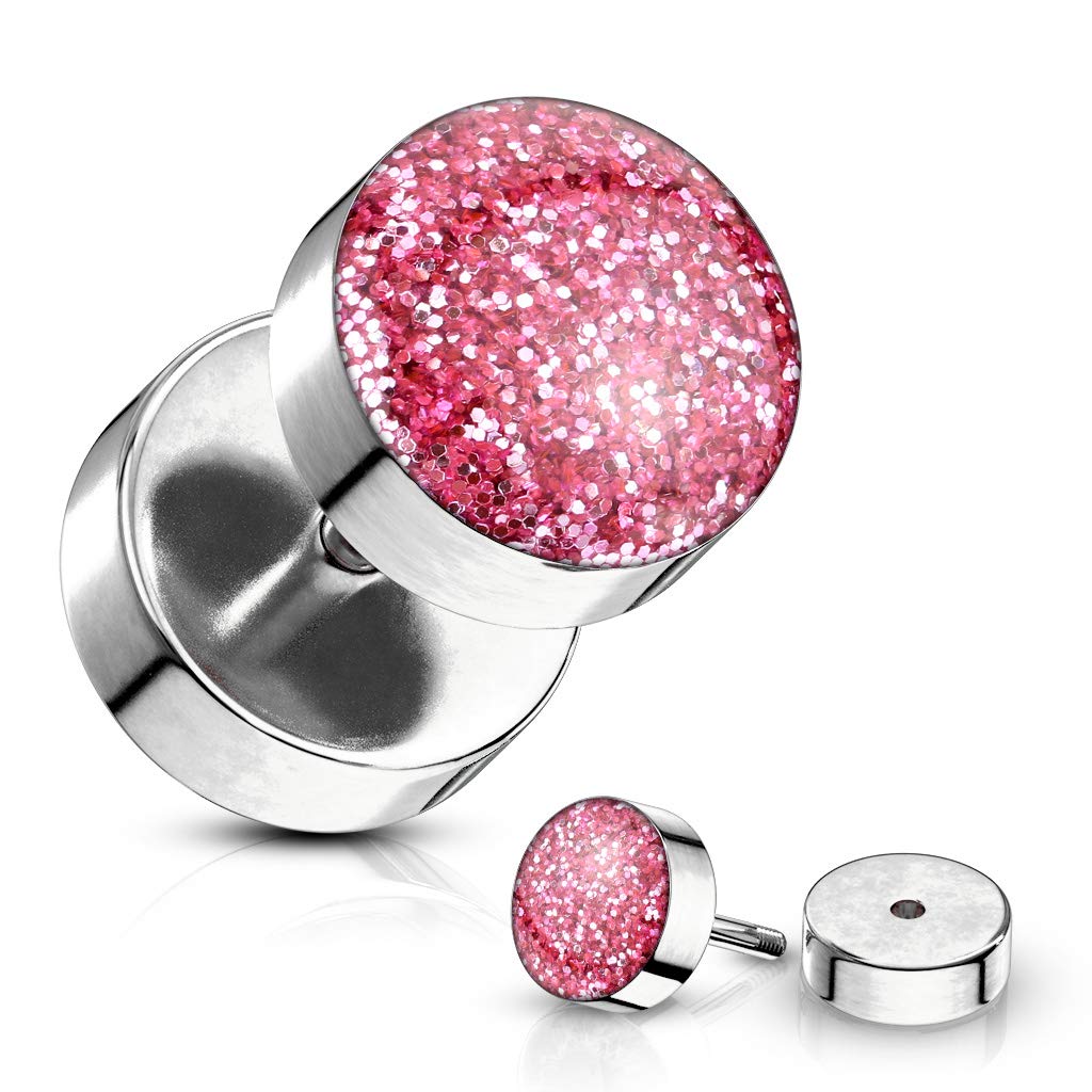 Fake Ohrplug Glitzer-Stein Ohrpiercing Ohrschmuck Chirurgenstahl Schraubverschluss Silber viele Farben 8mm
