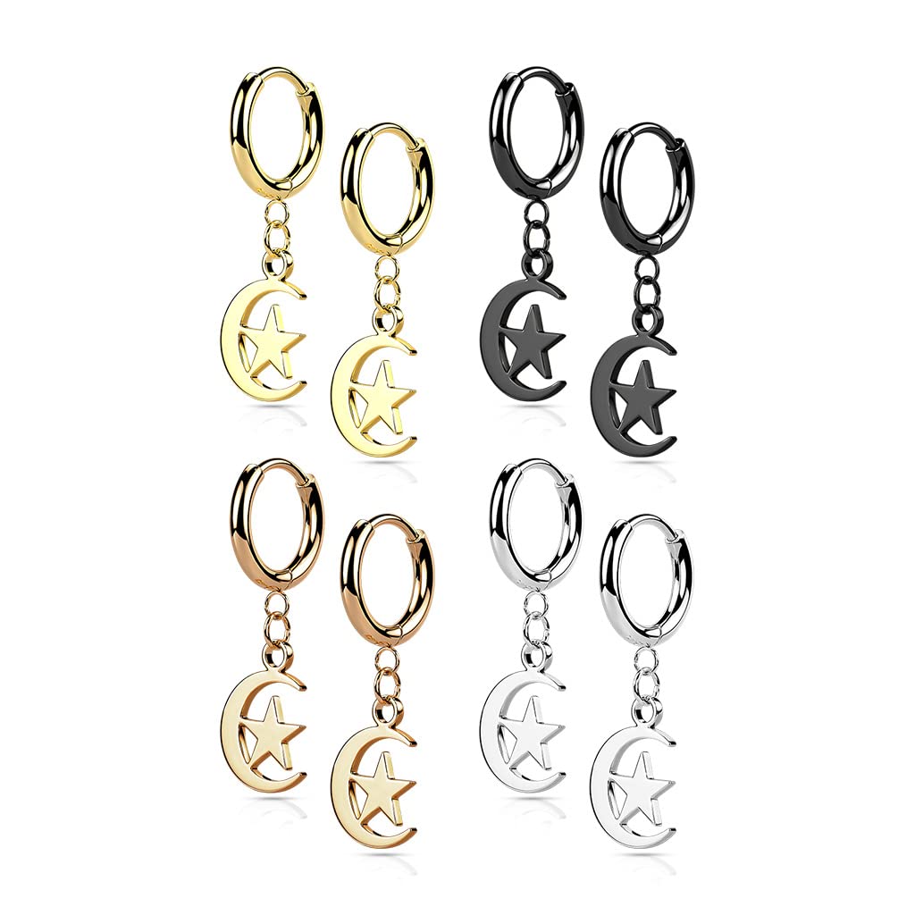 1 Paar Damen Creolen Ohrhänger Halb-Mond Stern-Anhänger Ohrringe Ohrstecker Chirurgenstahl Silber Gold Schwarz Roségold