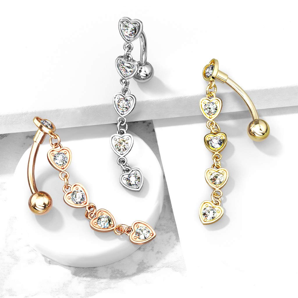 Bauchnabelpiercing 5 Kristall Herzen-Anhänger Nabelpiercing Chirurgenstahl Bananabell Silber Gold Roségold Clear Stab 1,6/10mm