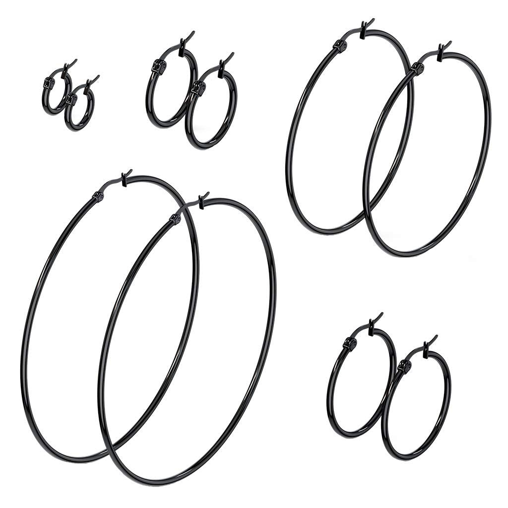 1 Paar Damen CREOLEN Ohrringe Ohrstecker Chirurgenstahl Schwarz 10 15 20 25 30 35 40 45 50 55 60 65 70 75 mm