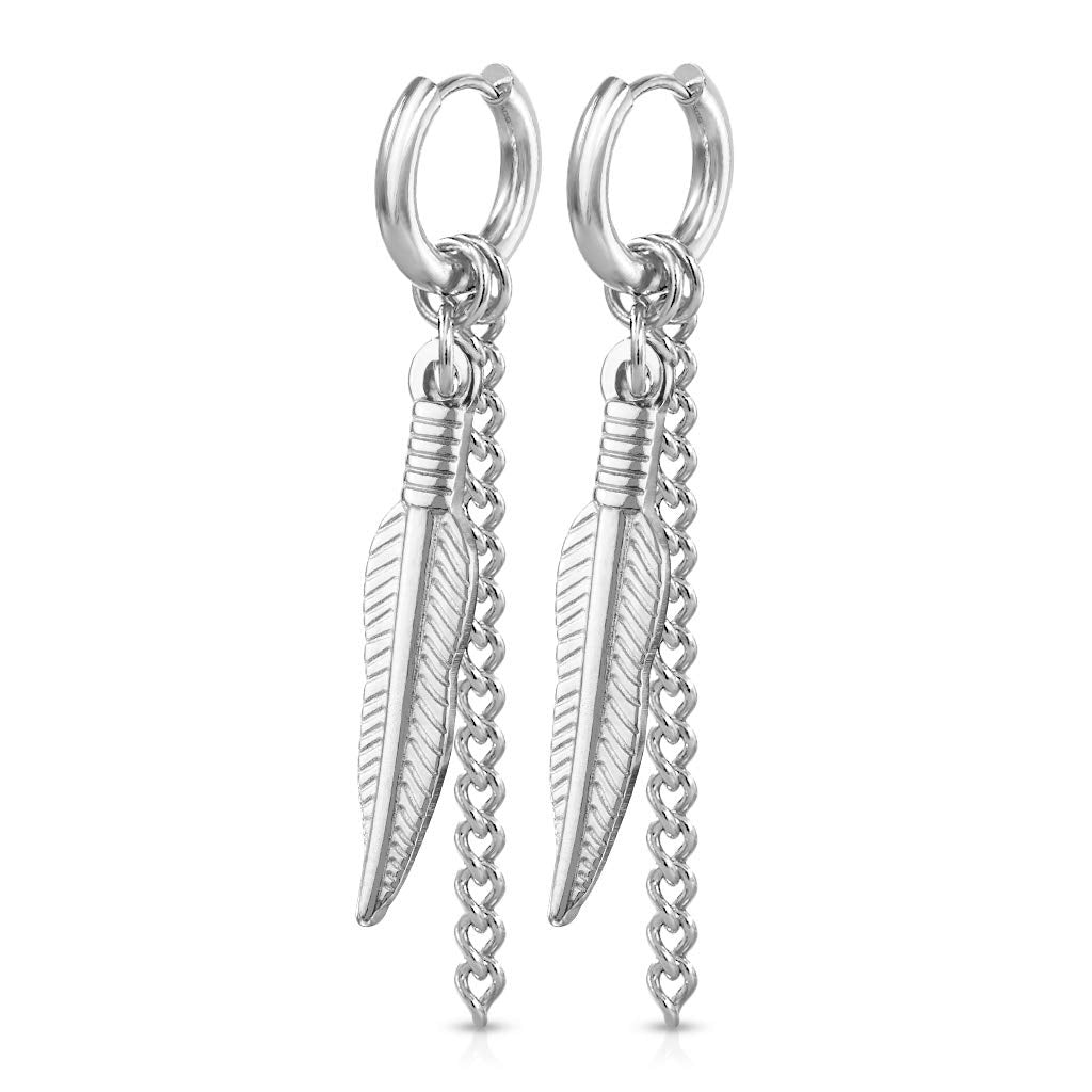 1 Paar Damen Ohrringe CREOLE Feder-Ketten Anhänger 2mm breit Ohrstecker Chirurgenstahl Gold Schwarz Silber 8mm