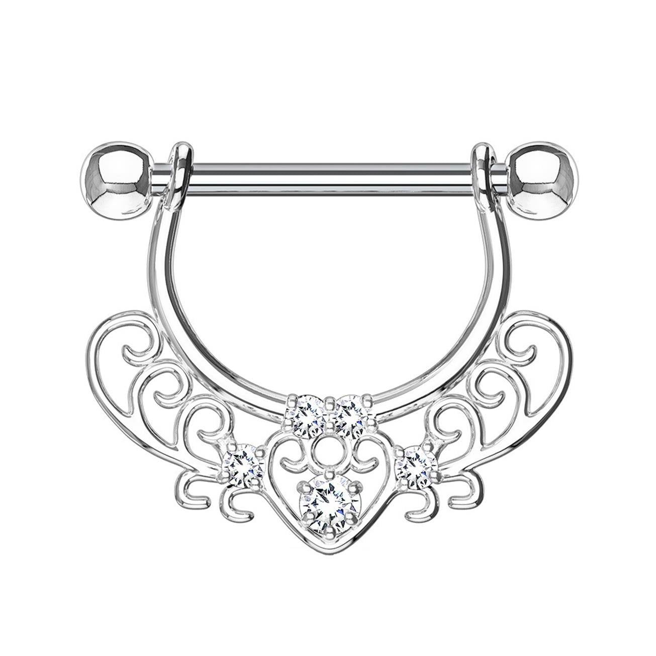 FILIGRANES Herz ZIRKONIA Brustwarzenpiercing Brustpiercing Intimpiercing Edelstahl Silber Roségold Gold Clear Stab 1,6mm 12mm