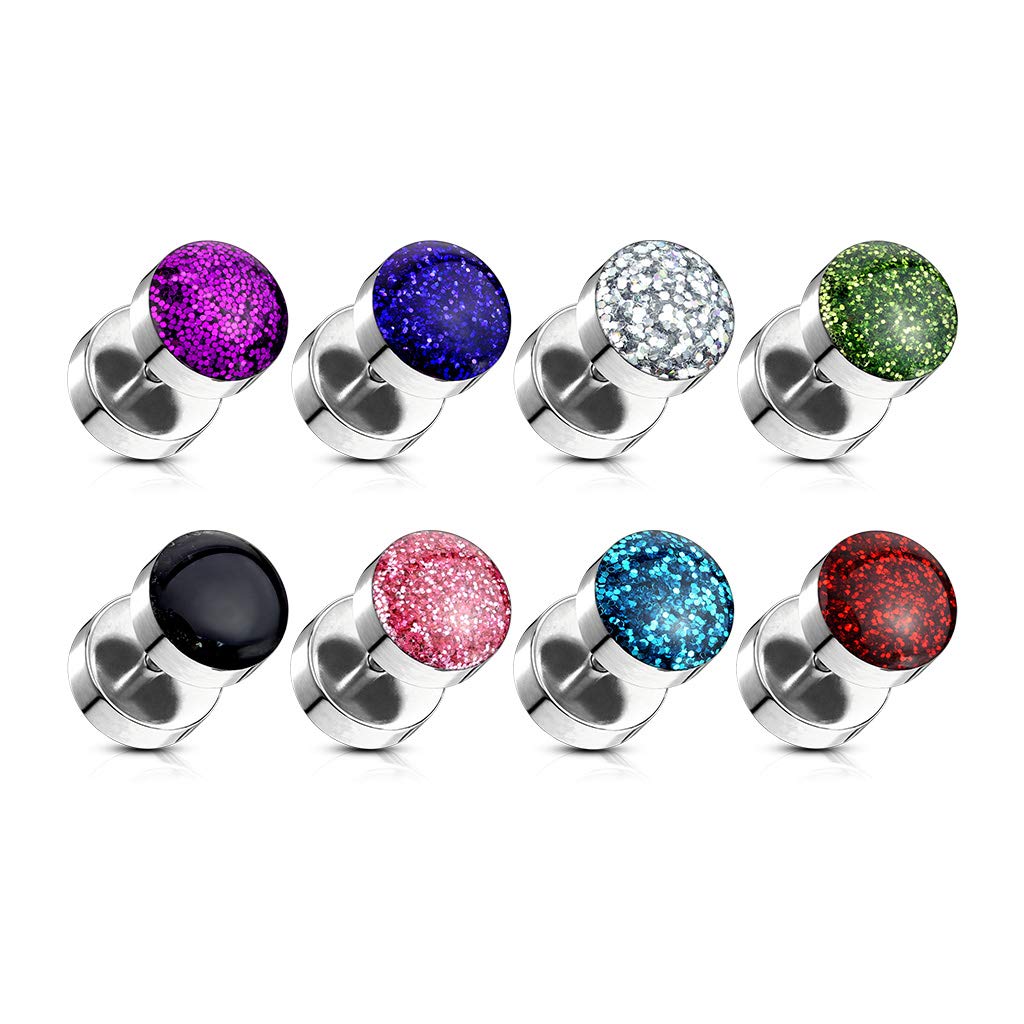 Fake Ohrplug Glitzer-Stein Ohrpiercing Ohrschmuck Chirurgenstahl Schraubverschluss Silber viele Farben 8mm