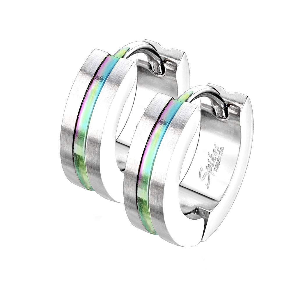 1 Paar Damen sandgebürstete CREOLE Mitte farbiger Streifen Ohrringe Ohrstecker Chirurgenstahl Silber Bunt 4,3mm