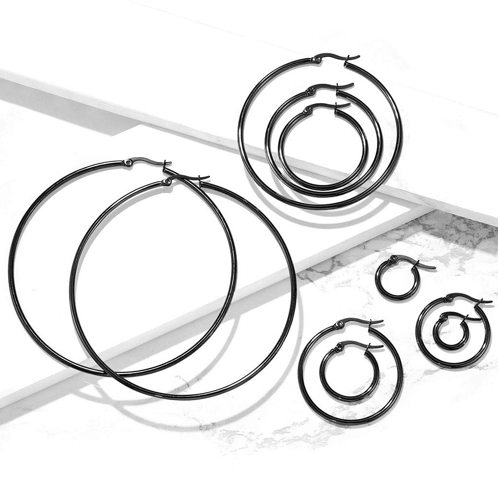 1 Paar Damen CREOLEN Ohrringe Ohrstecker Chirurgenstahl Schwarz 10 15 20 25 30 35 40 45 50 55 60 65 70 75 mm